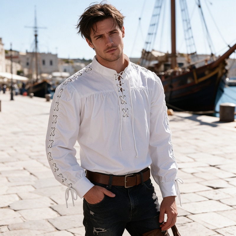 Medieval Gothic Lace Up Pirate Shirt - قميص رجالي بتصميم القراصنة من العصور