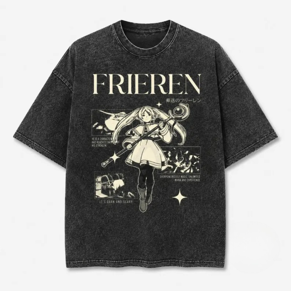 Acid Wash Vintage Graphic T Shirt - تي شيرت فضفاض بتصميم أنمي فريرين