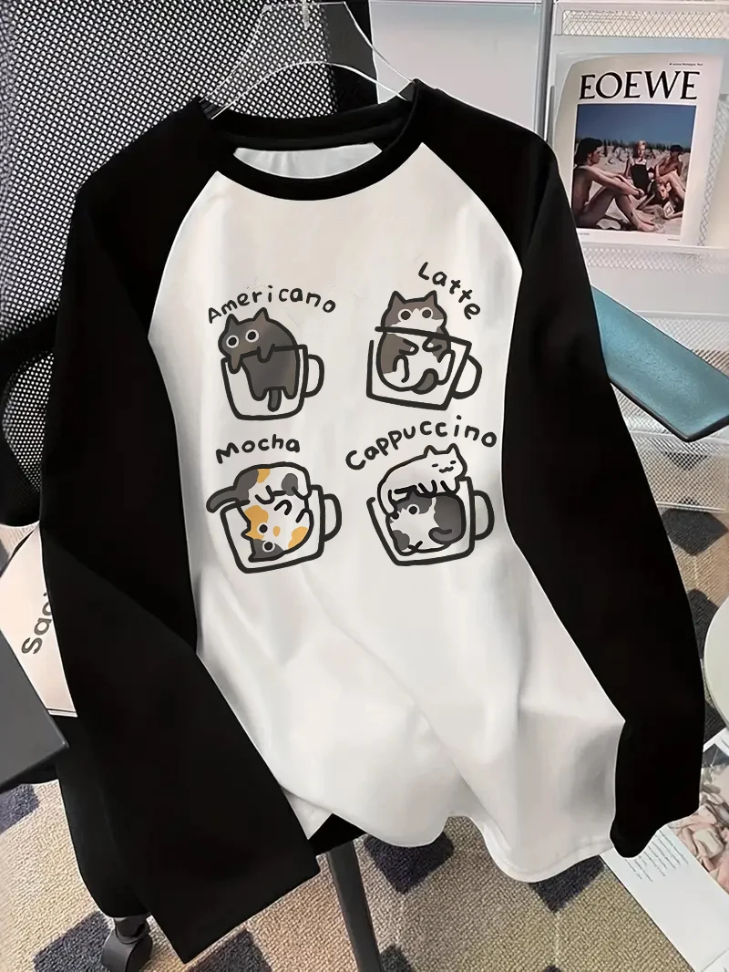 T-Shirts - تيشيرت نسائي كاجوال بطبعة قطة القهوة،