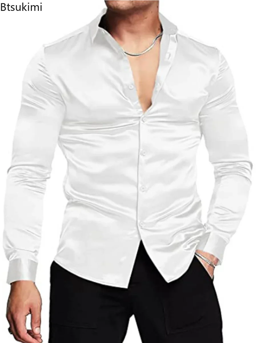 Mens Satin Silk Dress Shirt - جديد 2026 الرجال الفاخرة لامعة الحرير