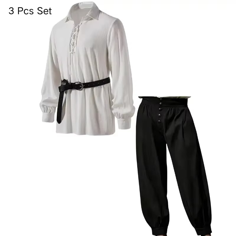 طقم رجالي من ثلاث قطع مستوحى م - مراجعة Medieval Gothic Lace Up Pirate Shirt وسعره